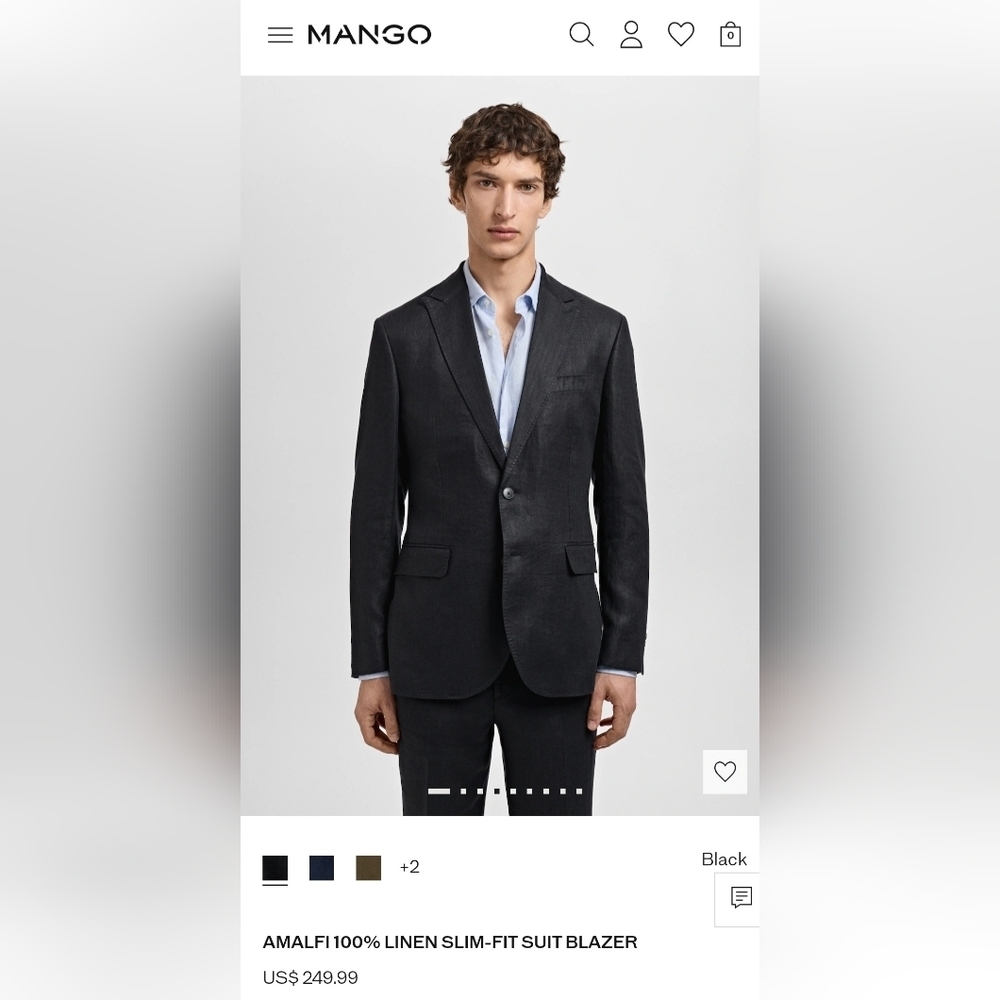 Mango Mens Slim Fit Tailored Sz 44 Black Linen Blazer. Unlined. 100% Linen NWT